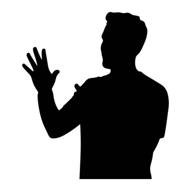 Beyaz arka planda siyah bir adam silueti tasvir edilir. Sağ tarafa bakıyor, sol kolu havada ve eli açık, parmakları açık, selamlama ya da el sallama hareketi gibi. Siluet temiz ve basit, fark edilebilir değil. 