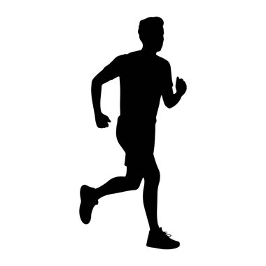 Hareket halindeki bir adamın siyah silueti, koşarken orta basamakta yakalanmış. Atletik şort ve tişört giyiyor, kolları bükük ve bacakları sanki bir yarış ya da antrenman seansındaymış gibi açılmış. Arkaplan düz beyaz, figürü vurguluyor..