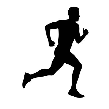 Profilde bir adamın siyah silueti orta adımda, koşarken tasvir ediliyor. Vücudu öne doğru açılı, bir bacağı arkasına uzanıyor ve diğeri de dizine eğiliyor, bu da ileri momentumu gösteriyor. Kolları dirseklerinden bükülmüş, yumrukları kenetlenmiş.