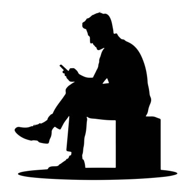 Bir adamın siyah silueti bacak bacak üstüne atmış bir küpün üzerinde otururken resmedilir. Aşağı bakıyor ve elinde bir cep telefonu tutuyor, onu kullanıyor gibi görünüyor. Arkaplan düz beyaz.