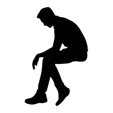 Siyah bir adam silueti başı eğik ve elleri kucağında oturan bir adam tasvir edilir. Şekil, beyaz bir arkaplana göre izole edilmiş ve katı bir zıtlık yaratıyor. Duruş derin bir düşünceyi, düşünmeyi ya da... 