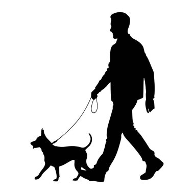 Siyah bir siluet beyaz arka planda tasmalı küçük bir köpeği gezdiriyor. Adam bir ceket ve pantolon giyiyor ve köpek onun yanında yürüyor. Görüntü basit bir grafik çizimi.