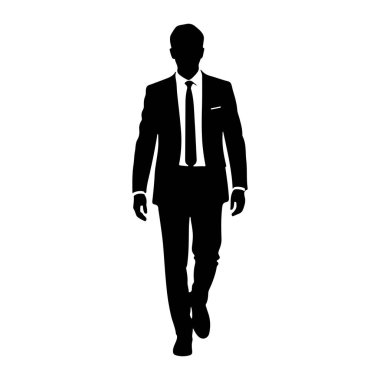 Siyah bir siluet beyaz bir arkaplanda ilerleyen bir adam tasvir edilir. Resmi bir takım elbise, ceket, pantolon ve kravat giyiyor. Şekil tepeden tırnağa gösteriliyor, sol bacağı yürüme hareketiyle ileri doğru uzanıyor. Silh.