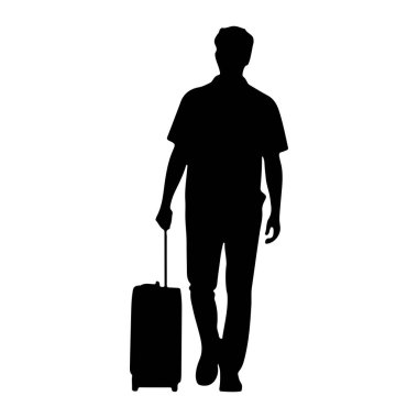 Bir bavulu çekerken yürüyen siyah bir siluet. Adam yakalı bir gömlek ve pantolon giyiyor. Arkaplan düz beyaz.