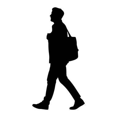 Soldan sağa yürüyen bir adamın siyah silueti beyaz bir arkaplanda resmedilmiştir. O, pantolon ve ceket de dahil olmak üzere günlük giysiler giyiyor ve sağ omzunda bir omuz çantası asılı. Sol bacağı ileri doğru yürüyor.