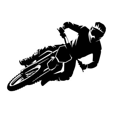 Motokros motosikletine binen siyah bir siluet keskin bir şekilde viraja girerken resmedilir. Sürücü koruyucu giysiler giyiyor, miğfer ve gözlük de dahil. Motorun tekerlekleri açılı olduğu için dinamik duruş hız ve çevikliği iletir.