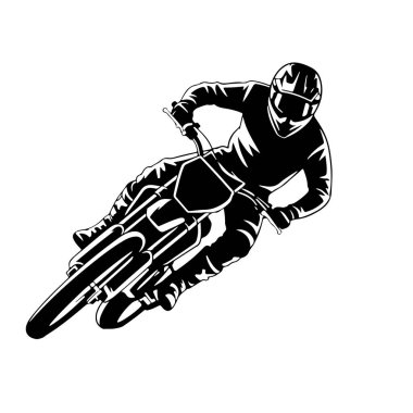 Motokros motosikletli siyah beyaz bir siluet, keskin bir viraja doğru eğiliyor. Sürücü koruyucu yarış teçhizatıyla birlikte tam yüzlü bir kask ve gözlük takıyor. Görüntü hareketin ve hızın dinamik bir anını yakalar.