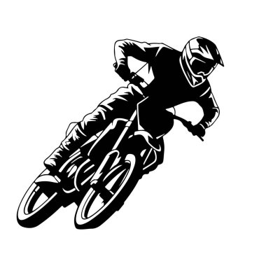 Motokros binicisinin siyah ve beyaz silueti arazi motosikletinde keskin bir viraja giriyor. Sürücü, kask ve gözlük de dahil olmak üzere tam koruyucu giysi giyiyor ve gidonun aşağısına bakıyor. Motosikletin tekerlekleri tasvir edilmiştir. 