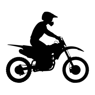 Motokros motosikletinin siyah silueti beyaz arka planda tasvir edilir. Sürücü bir kask takıyor ve hareket ediyor gibi görünüyor. Motosikletin gidonuna yaslanıyor. Motosiklette topuzlu lastikler ve karakter var.