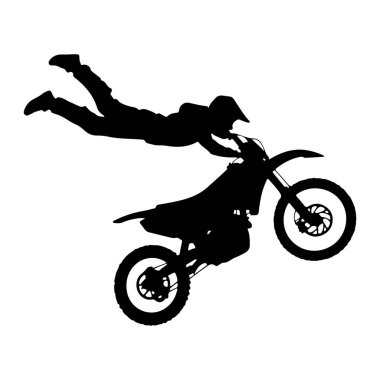 Motokros binicisinin siyah bir silueti havada motosiklet üzerinde gösteri yapıyor. Sürücü bacaklarını açıp arkaya yaslanıyor ve motosiklet yukarı doğru açılı. Görüntü, düz beyaz bir arka plana karşı katıksız siyah beyaz bir temsildir.