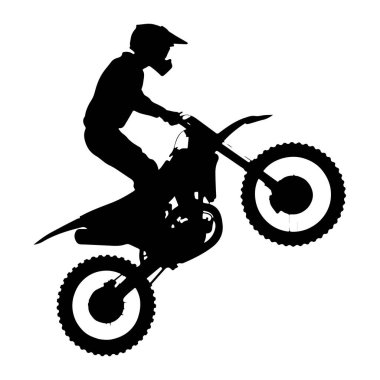 Motosikletli bir motorsiklet sürücüsünün siyah silueti beyaz bir arka plana karşı tekerlek hareketi yapıyor. Sürücü bir kask ve koruyucu giysi giyiyor. Motosikletin ön tekerleği yerden havalanır, topuzlu lastiklerini ve süspansiyonlarını gösterir.