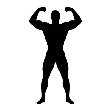 Kaslı bir adamın siyah silueti kolları bükülmüş, pazılarını ve trisepslerini gösteriyor. Bacakları hafifçe ayrık ve bedeni beyaz bir arkaplana karşı katıksız kontrastla tanımlanmış. Poz güçlü ve atletik olduğunu gösteriyor.