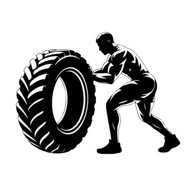 Kaslı bir adamın siyah silueti büyük bir lastiği iterken görülüyor. Adam profilden tasvir ediliyor, vücudu öne bakıyor ve kolları lastiği kavrayıp takla atmak için uzanıyor. Kasları siluette açıkça belirtilmiş, ipliğini vurguluyor.