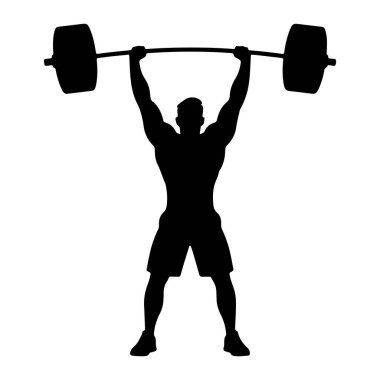 Kaslı bir adamın siyah bir silueti ağır bir halteri yukarı kaldırırken resmedilir. Adam şort ve spor ayakkabısı giyiyor. Kolları yukarı doğru uzanıyor, halteri her iki ucunda ağırlıklarla tutuyor. Siluet, temiz bir beyaza karşı katıdır.