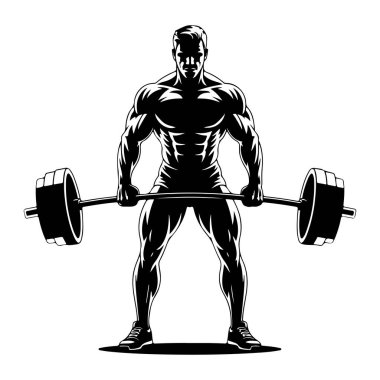 Siyah ve beyaz bir illüstrasyonda omuzlarında halterle ayakta duran kaslı bir erkek figürü tasvir ediliyor. Şekil beyaz arka planda siluetlenmiş, güçlü çizgiler kaslarının tanımını vurguluyor. Üzerinde şey var...