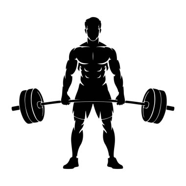 Kaslı bir adamın siyah bir silueti iki tarafında ağırlıkları olan bir halteri tutuyor. Adam tanımlanmış karın kasları ve kollarıyla tasvir ediliyor. O şort ve spor ayakkabıları giyiyor. Görüntü, siyah-beyaz bir resimdir.