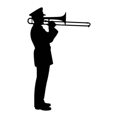 Üniformalı ve şapkalı trombon çalan siyah bir siluet. Şekil ayakta duruyor ve enstrümanı iki eliyle tutuyor, kayma genişliyor. Arkaplan düz beyaz.