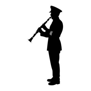 Üniformalı ve şapkalı bir adamın klarnet çalan siyah bir silueti. Profilde gösterilen figür, enstrümanı ayakta ve ağzına doğru tutuyor. Klarnetin birkaç anahtarı ve bir zili var. Üniformanın kollarında bazı detaylar var gibi görünüyor.