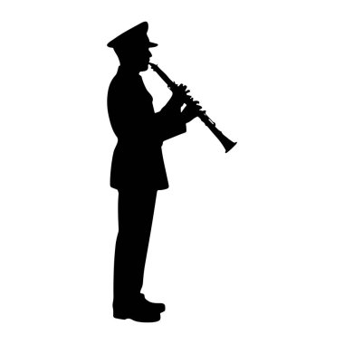 Üniformalı, şapkalı, klarnet çalan siyah bir siluet. Profilde gösterilen figür, enstrümanı ayakta ve iki eliyle tutuyor. Arka plan bembeyaz..