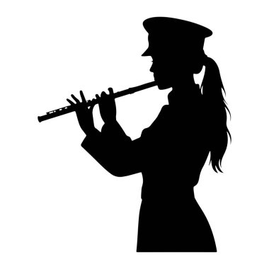 Üniforma giyen ve flüt çalan bir kişinin siyah silueti profil olarak gösteriliyor. Kişinin şapkasının altından uzanan bir at kuyruğu var. Parmakları flütün tuşlarının üzerinde ve ağızları da ağızlığın yanında.. 