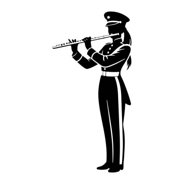 Resmi üniformalı, düğmeli ve apoletli ceket, kemer ve pantolon giymiş bir kişinin siyah silueti flüt çalarken resmedilir. Kişinin saçı şapkanın altından uzanan bir örgü gibi görünür. Flüt yatay tutulur.