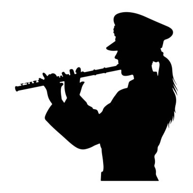Klarnet çalan, kep takan ve üniforma giyen siyah bir siluet. Profilde, elleri çalmak için enstrümanın üzerinde olan kişi görülüyor. Saçları at kuyruğu şeklinde geri çekiliyor. Arkaplan düz beyaz.