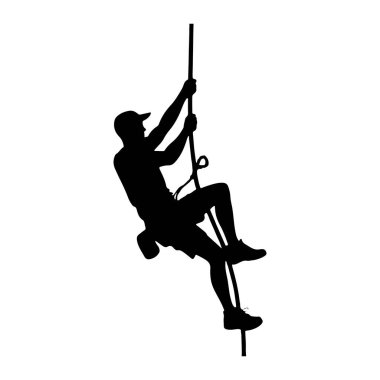 Şapka, şort ve ayakkabı giyen bir kişinin siyah silueti dikey bir ipe tırmanırken resmedilir. Kişi etkin bir şekilde tırmanmaya çalışır, bir eli yukarıdaki ipi tutar, diğer eli de daha aşağıdaki pozisyonda olur. Etrafında bir koşum takımı var. 
