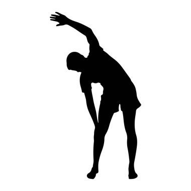 Bir kişinin siyah silueti beyaz arka planda gösterilir. Kişi dinamik bir pozisyonda, gövdesini öne ve yana bükerken bir kolunu yukarı ve diğer elini de bükülmüş bacağına doğru uzatır. Bu duruş esneme hareketini gösteriyor.