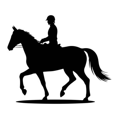 Beyaz bir arka planda siyah bir at ve binici silueti. At hareketli tasvir edilir, bacakları sanki koşar ya da homurdanır gibi açılır. Sürücü bir kask takıyor ve ata biniyor, eyere oturmuş ve dizginleri tutuyor. Fahişe.