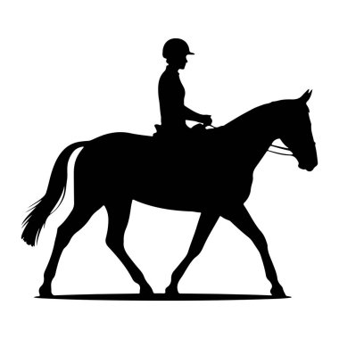 Binicilik kaskı takan ve ata binen birinin siyah silueti. At profilden tasvir ediliyor, hareket halindeki bacakları ile yürüyor. Sürücü dizginleri tutuyor ve atın dizginleri ve eyeri var. Görüntü beyaz bir sırt üzerinde izole edilmiştir.
