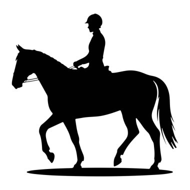 Binicilik kaskı ve at takan birinin siyah silueti. Sürücü dizginleri elinde tutarak atın sırtına oturur. At profil ile tasvir ediliyor, sanki koşuyormuş gibi bacakları hareket ediyor. Siluet, düz beyaz bir sırt üzerine kurulmuş.