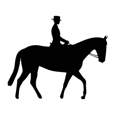 Ata binen şapkalı siyah bir siluet. At profilden tasvir edilir, sanki yürüyormuş ya da koşuyormuş gibi bacakları hareket eder. Sürücü dizginleri elinde tutarak dik oturur. Resim beyaz bir arkaplanda izole edilmiştir.