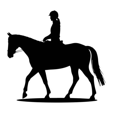 Binicilik kaskı takan ve ata binen birinin siyah silueti. At profilden tasvir edilir, başı dik ve ayakları sanki yürüyormuş ya da koşuyormuş gibi hareket eder. Sürücü dizginleri elinde tutarak bir eyerin üzerinde oturur. Tüm görüntüyü.