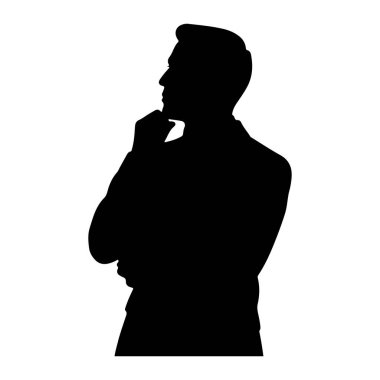Elleri çenesinde dinlenen, derin düşüncelere ya da derin düşüncelere sahip siyah siluete sahip bir adam. Şekil beyaz bir arkaplanda izole edilmiştir..