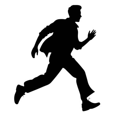 Hareket halindeki bir adamın siyah silueti, ileri doğru koşarken orta adımda yakalandı. O, bir gömlek, pantolon ve ayakkabılar da dahil olmak üzere günlük giysiler giyiyor. Vücudu açılı, bir bacağı öne doğru uzanıyor ve diğeri de arkasına eğiliyor.