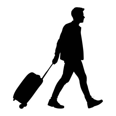 Soldan sağa doğru yürüyen, arkasında tekerlekli bavul taşıyan siyah bir siluet. O, pantolon ve ceket de dahil olmak üzere günlük giysiler giyiyor. Arkaplan düz beyaz.