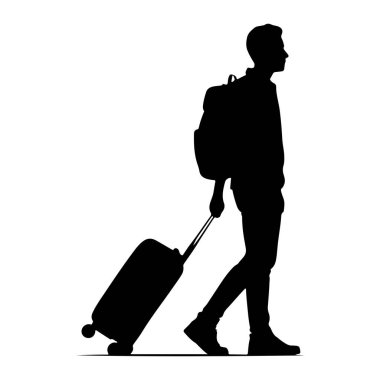 Soldan sağa doğru yürüyen siyah bir siluet. Günlük kıyafetler giyiyor ve omuzlarında bir sırt çantası var. Ayrıca sağ eliyle tekerlekli bavul çekiyor. Arkaplan düz beyaz.