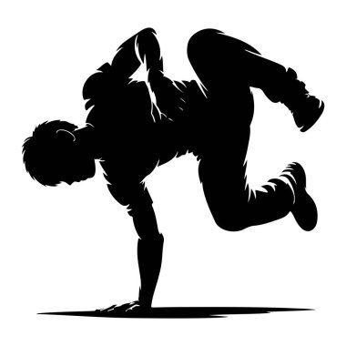 Breakdance hareketi yapan siyah bir siluet. Dansçı bir tarafta, vücutları dinamik bir pozda bükülmüş. Bacakları bükülür ve açılır, çeviklik ve güç gösterir. Siluet keskin ve ne karşı tanımlı