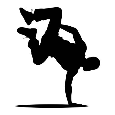 Dinamik bir break dans hareketi yapan siyah bir siluet. Dansçı bir elinde dengeli, bacakları eğik ve akrobatik bir pozda uzanıyor. Şekil ve hareketi vurgulayarak, düz beyaz bir arkaplan üzerinde izole edilir