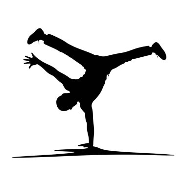 Breakdance dondurması yapan bir kişinin siyah silueti beyaz bir arkaplanda tasvir edilir. Dansçı bir elinde dengede durur, vücudu açılır ve bacakları dinamik bir şekilde açılır. Siluet, hareketin şeklini ve hareketini vurguluyor.