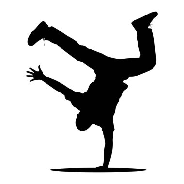 Dinamik bir break dans hareketi yapan siyah bir siluet. Şekil baş aşağı, bacakları yukarı ve dışarı doğru uzanmış bir şekilde dengede duruyor. Bir kolu parmakları açık bir şekilde yana uzanıyor. Siluet izole edilmiş.