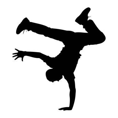 Dinamik bir break dans hareketi yapan siyah bir siluet. Dansçı amuda kalkarken bir kolu vücudunu desteklerken diğer kolu dışa doğru uzanıyor. Bacakları bükük ve akrobatik bir pozisyonda duruyor. Siluet...