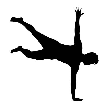 Bir adamın siyah silueti dinamik yoga pozunda yakalanır. Bir eli dengeli, vücudu açık ve bacakları ayrık. Bir bacağı yukarı ve geri açılı, diğer bacağı ise öne doğru bükülüp uzatılır. Diğer kolu...