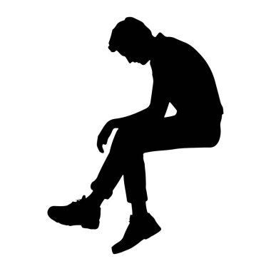 Başı öne eğik oturan ve aşağıya bakan siyah bir siluet. Profilde tasvir edilen figür, bacakları çapraz ve kolları dinleniyor. Silüet, düz beyaz bir arkaplan üzerinde izole edilmiş, formu ve duruşları vurguluyor.