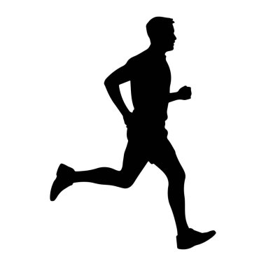 Profilde bir adamın siyah silueti orta adımda, koşarken tasvir ediliyor. Vücudu öne doğru açılı, bir bacağı arkaya, diğeri de dizine eğik, bu da ileri momentum olduğunu gösteriyor. Kolları dirseklerinden bükülmüş, yumrukları sıkılmış.,