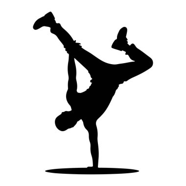 Breakdance dondurması yapan siyah bir siluet. Dansçı bir elinde dengeli, vücudu bükülmüş ve bacakları dinamik bir pozda uzanıyor. Siluet, düz beyaz bir arkaplan üzerinde durarak, formu ve hareketi vurguluyor.
