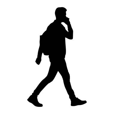 Soldan sağa doğru yürüyen siyah bir siluet. O günlük giysiler ve bir sırt çantası giyiyor. Sağ eli kulağına kaldırılır, kulağına bir cep telefonu tutar gibi. Sol kolu dirseğinden bükülmüş ve dirseğine yakın duruyor. 