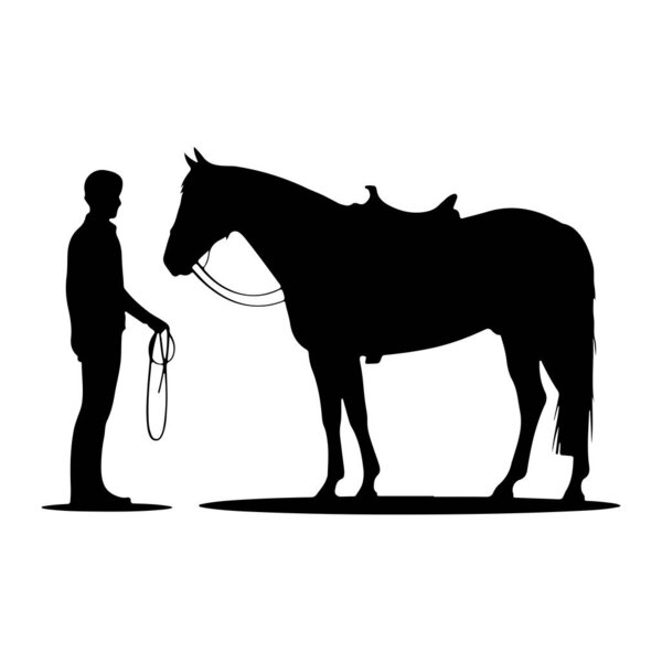 Чёрный силуэт изображает человека, стоящего слева от оседлой лошади. Человек держит в руках поводья лошади. Лошадь повернута вправо, и обе фигуры стоят на плоской поверхности. Фон белый..