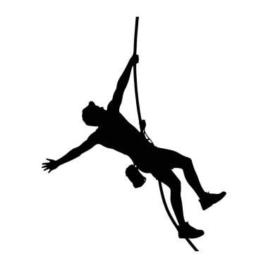 Bir kişinin siyah silueti, kalın bir iple iple aşağı inerken aşağı inerken tasvir edilir. Kişi spor ayakkabıları ve kemerine bağlı küçük bir kesesi olan bir koşum takımı giyiyor. Vücutları açılı, tek kolu dışa doğru ve...