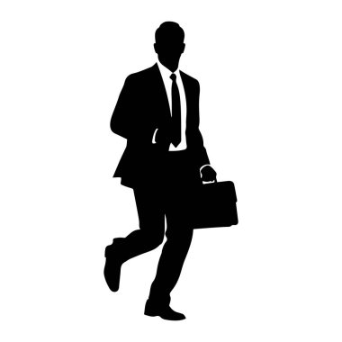 Takım elbiseli ve kravatlı bir adamın siyah silueti, sağ elinde bir evrak çantası taşırken koşuyormuş gibi gözükür. Şekil, düz beyaz bir arkaplanda izole edilmiştir. Poz, aciliyet ya da hızlı bir hareket olduğunu gösteriyor..
